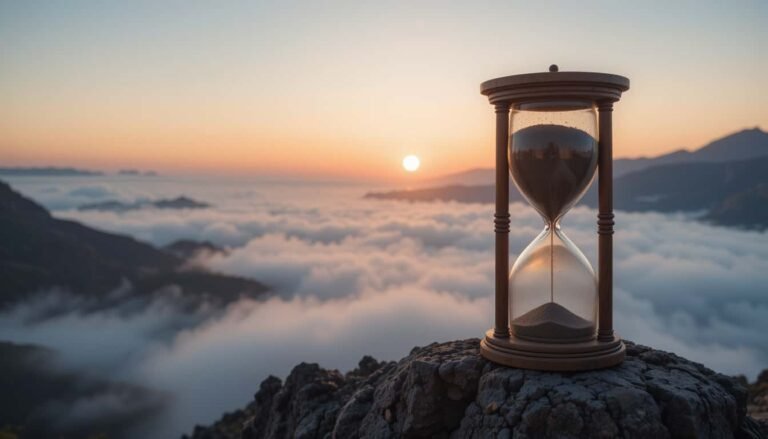 Reloj de arena sobre un abismo con niebla y un amanecer al fondo, simbolizando el paso del tiempo y el comienzo de un nuevo ciclo donde la Tirada del Año puede ayudarte