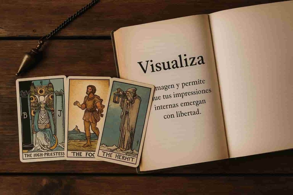 Tarot extendido sobre una mesa de madera junto a un péndulo antiguo y un libro abierto con la palabra “Visualiza”. Composición íntima que sugiere introspección y ritual personal. Imagen generada con IA