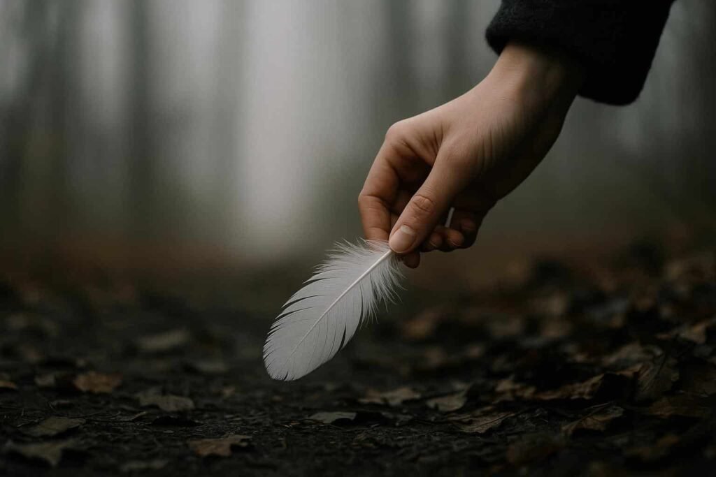 Una mano soltando una pluma blanca sobre un sendero cubierto de hojas secas. Fondo boscoso y brumoso que evoca rendición, desapego y transformación. Imagen generada con IA