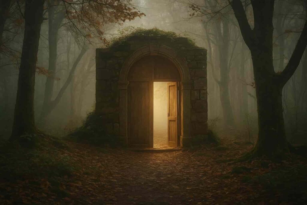Antiguo arco de piedra con una puerta entreabierta en medio de un bosque con niebla y hojas otoñales. Luz cálida emana desde el interior como símbolo de paso y renacimiento. Imagen generada con IA.