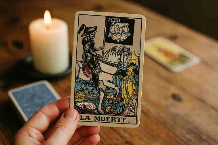 Mano sosteniendo la carta de la Muerte del Tarot Rider-Waite frente a una vela encendida sobre una superficie de madera cálida. Imagen introspectiva sobre el cierre de ciclos. Imagen generada con IA.